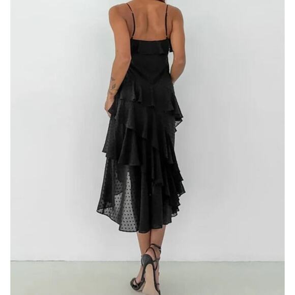 Rumored Tiered Flowy Midi Dress Ruffle Romantic Delicate Prom Womens XS/S Black - Picture 2 of 16